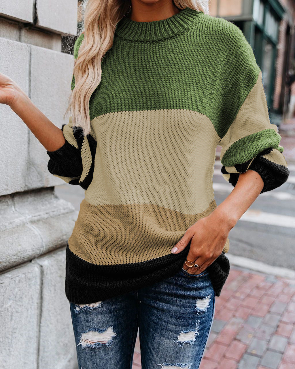 Damen moderner Strickpullover mit modischem Farbblockdesign und hohem Kragen EB