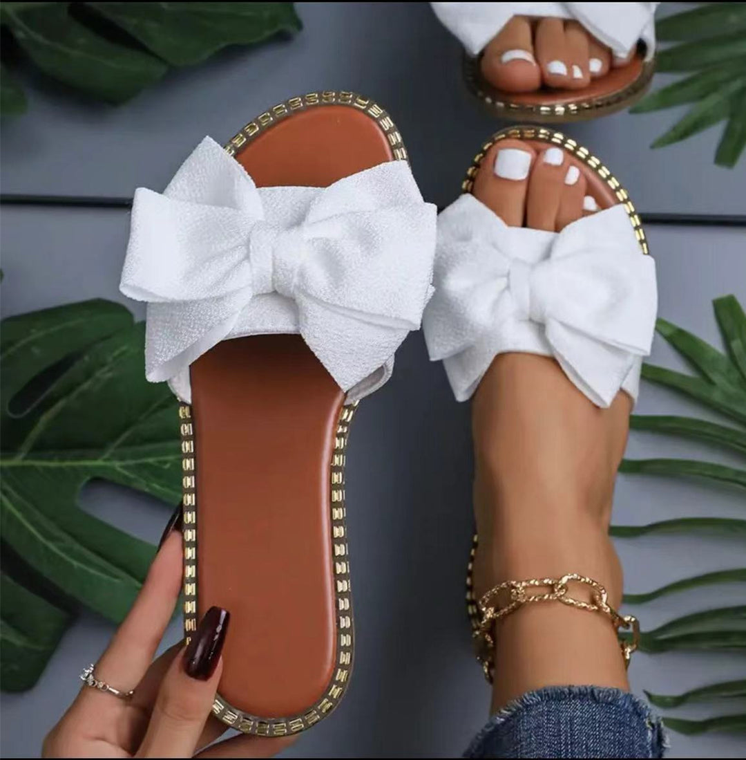 Damen elegante Sommer-Pantoletten mit großem Schleifen-Detail EB