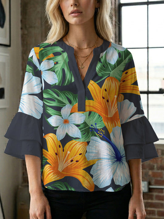 Damen Bluse mit voluminösen Rüschenärmeln und floralem Druck EB