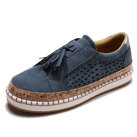 Damen perforierter Tassel-Slip-On Loafer mit Korkoptik-Plateau und gepolstertem Komfortfußbett EB
