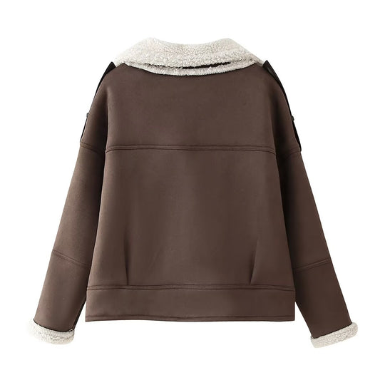 Damen modische Kunstpelzjacke mit umschlagbarem Kragen EB