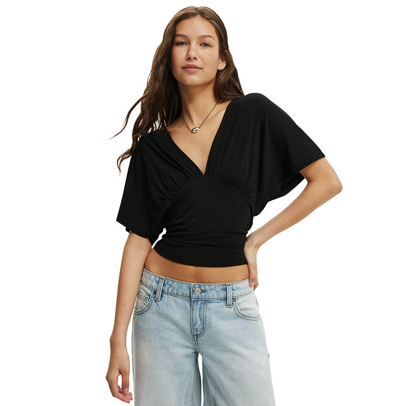 Damen elegantes Wickeloberteil mit voluminösenÄrmeln und tiefem V-Ausschnitt EB