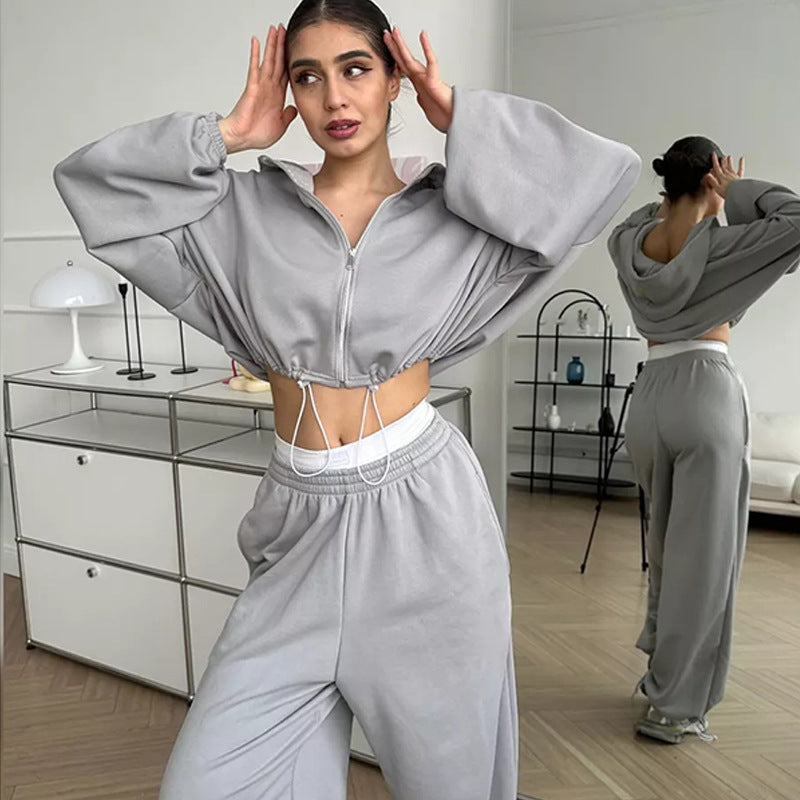 Damen nan cropped Reißverschluss-Hoodie mit Tunnelzugsaum und weitem Sweatpants-Schnitt EB