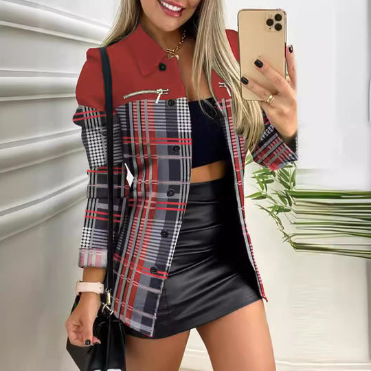 Damen nan karierter Longblazer im Shacket-Stil mit dekorativen Reißverschlüssen EB