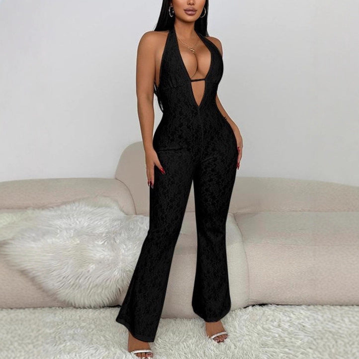 Damen eleganter Jumpsuit mit tiefem V-Ausschnitt und Spitzendetails EB