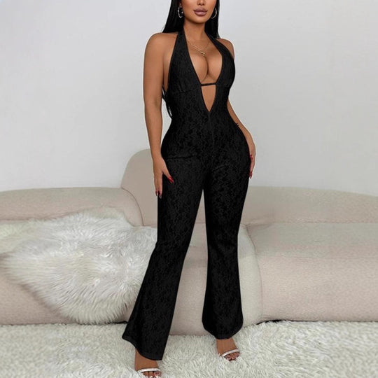 Damen eleganter Jumpsuit mit tiefem V-Ausschnitt und Spitzendetails EB