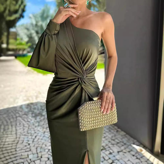 Damen Elegantes Wickelkleid mit asymmetrischem Ausschnitt und seitlichem Schlitz EB