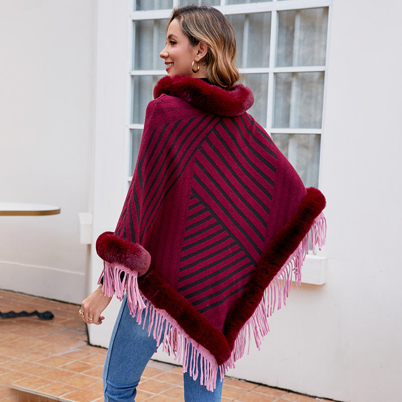 Damen modischer Poncho mit elegante Fransenverzierung EB