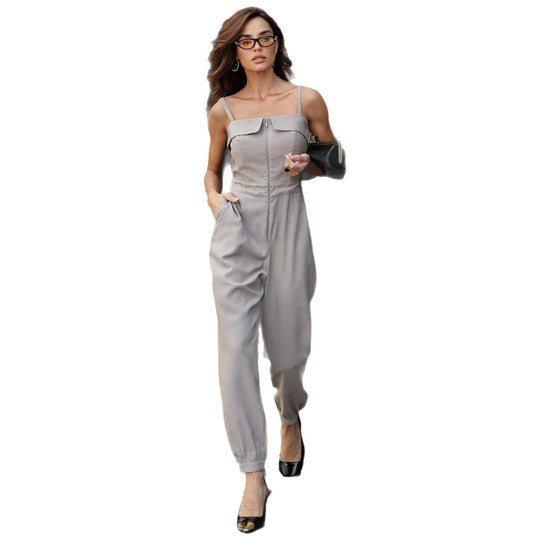 Damen Jumpsuit mit eleganten Trägern und modischem Reißverschluss EB