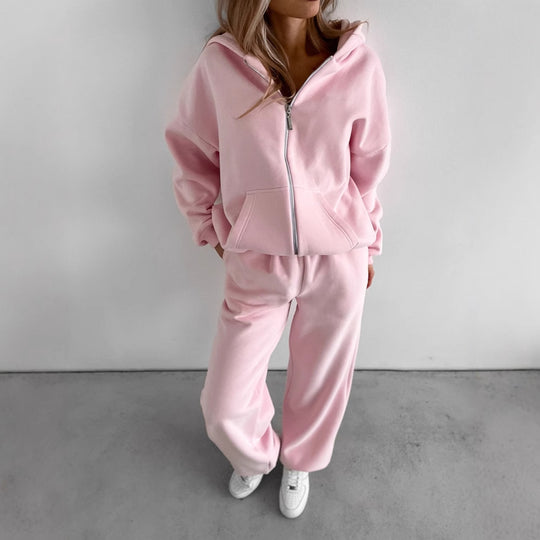 Damen Loungewear-Set EB: Oversized Zip-Hoodie mit Kapuze und weiter High-Waist Sweatpant aus Soft-Fleece
