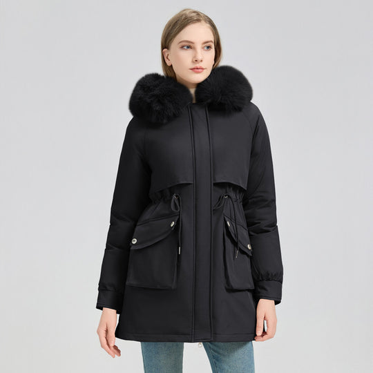 Damen Modische Pufferjacke mit abnehmbarem Kunstpelzkragen und funktionalen Taschen EB