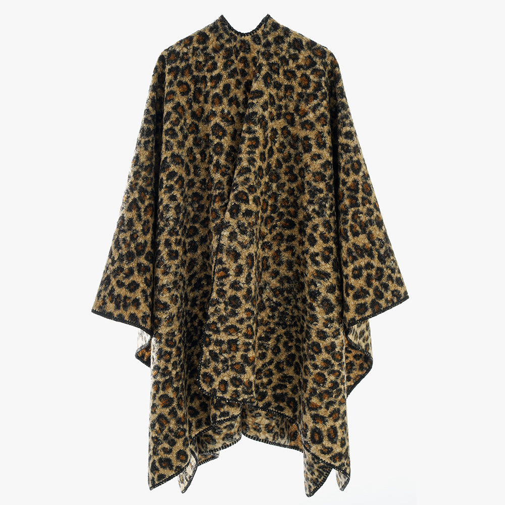 Damen Rechteckiger Wickel‑Ruana mit Leoparden‑Bouclé und feiner Kettelung EB