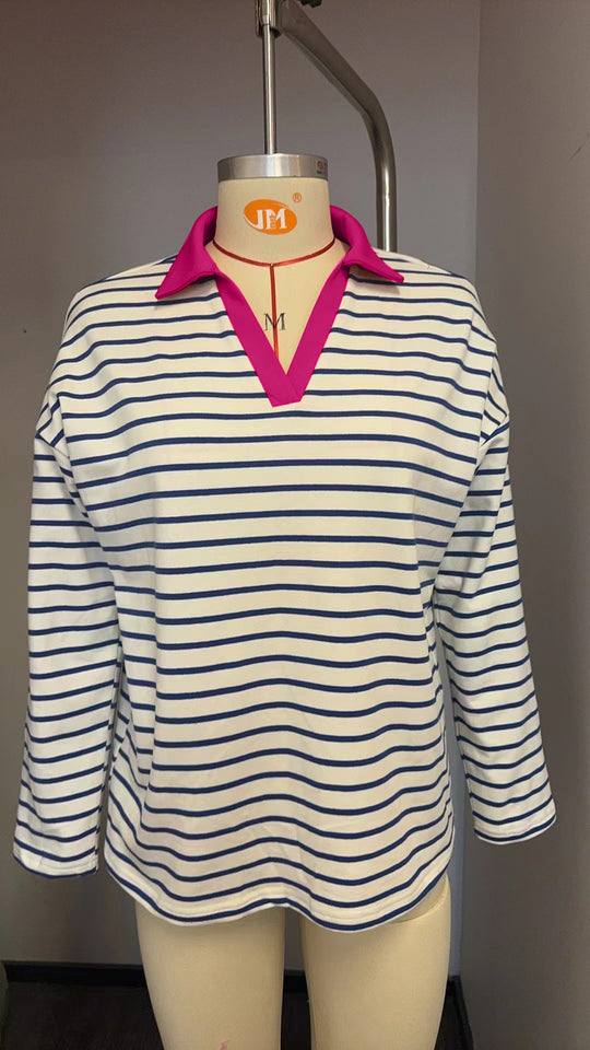 Damen gestreiftes Polo-Shirt mit V-Ausschnitt und kontrastierendem Kragen EB