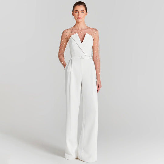 Damen eleganter Jumpsuit mit transparenten Ärmeln und Perlenverzierung EB