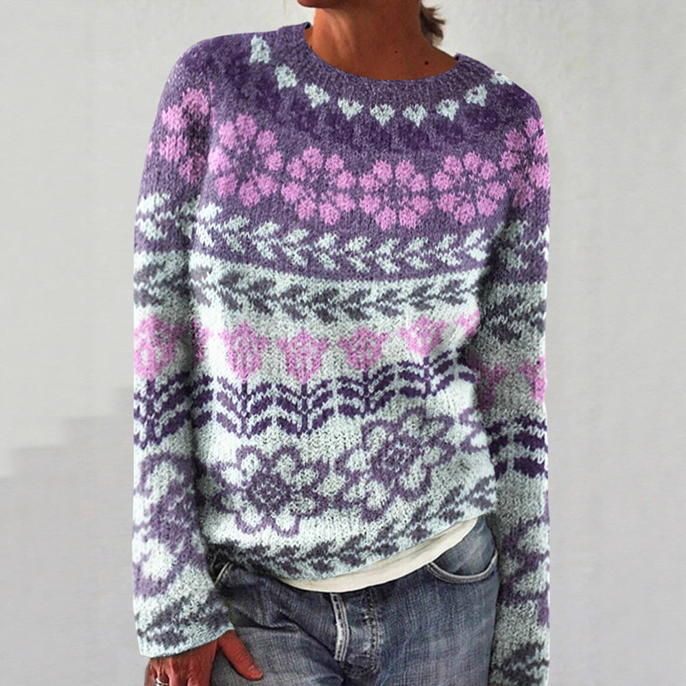 Damen nan melierter Rundhalsausschnittpullover mit kreisförmigem Jacquard-Yoke und geripptem Saum EB