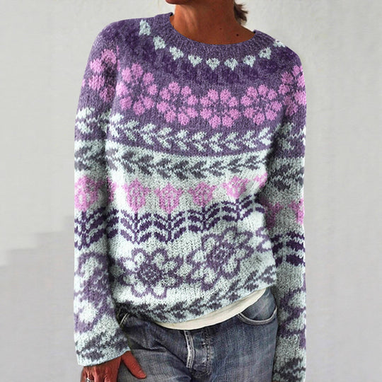 Damen nan melierter Rundhalsausschnittpullover mit kreisförmigem Jacquard-Yoke und geripptem Saum EB