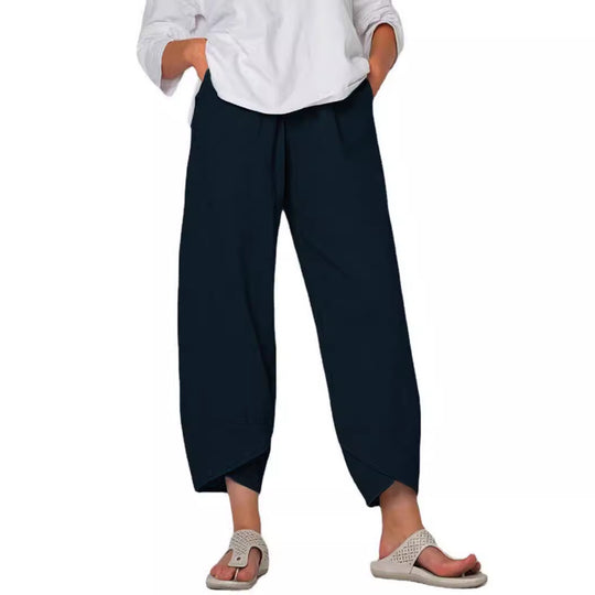 Damen nan lockere Leinenhose mit hohem Bund, Tulpen-Saum und seitlichen Eingrifftaschen EB