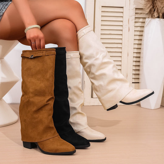 Damen nan knielange Slouch-Stiefel mit spitzer Zehenpartie und niedrigem Blockabsatz EB