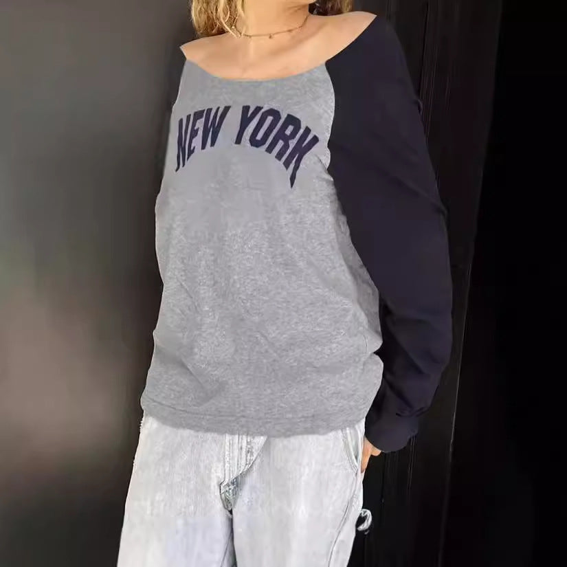 Damen Lässiges Sweatshirt mit modischem Schriftzug und kontrastierenden Ärmeln EB