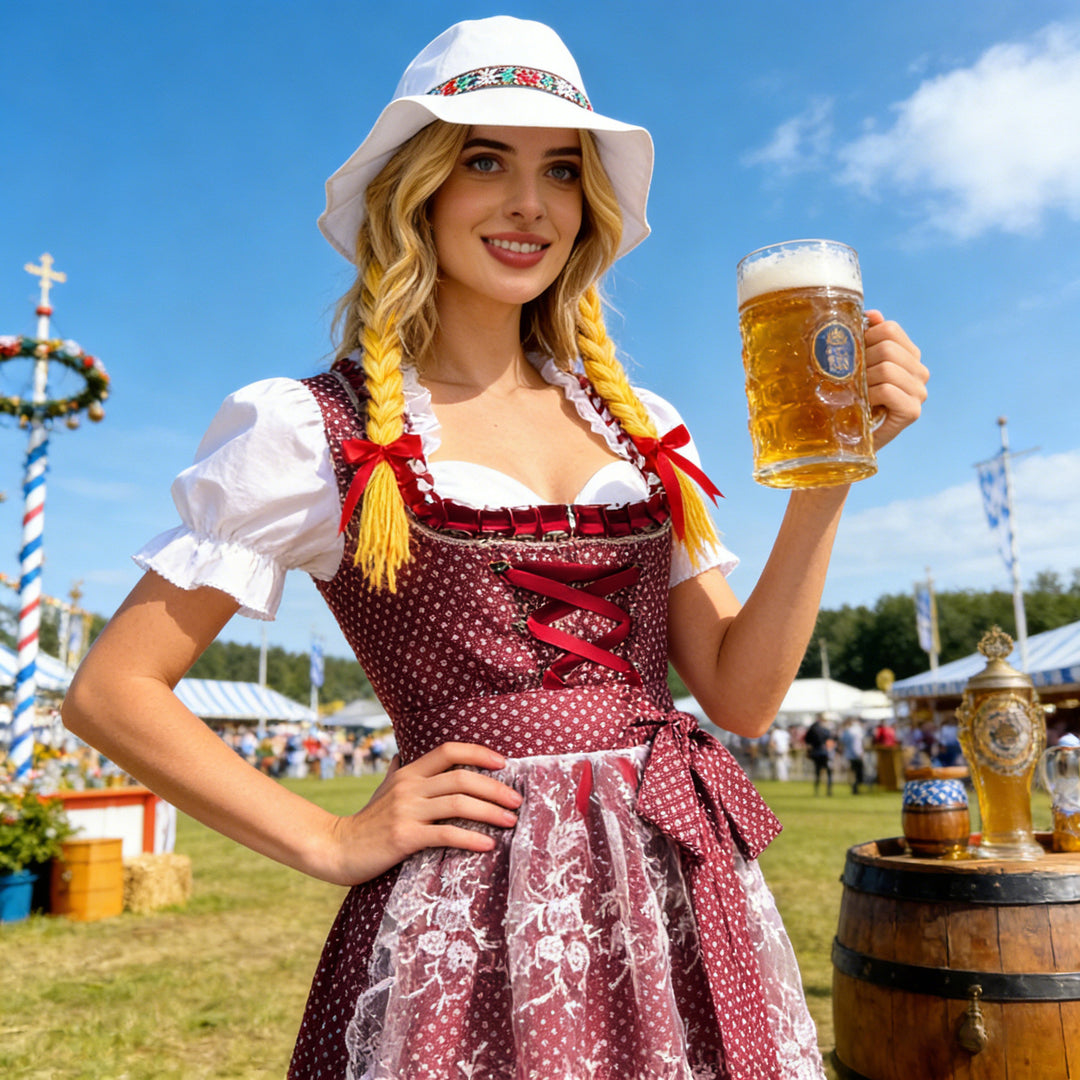 Damen nan traditionelles Dirndlkleid mit geschnürter Miederfront, Rüschenbluse und Spitzenapplikation EB
