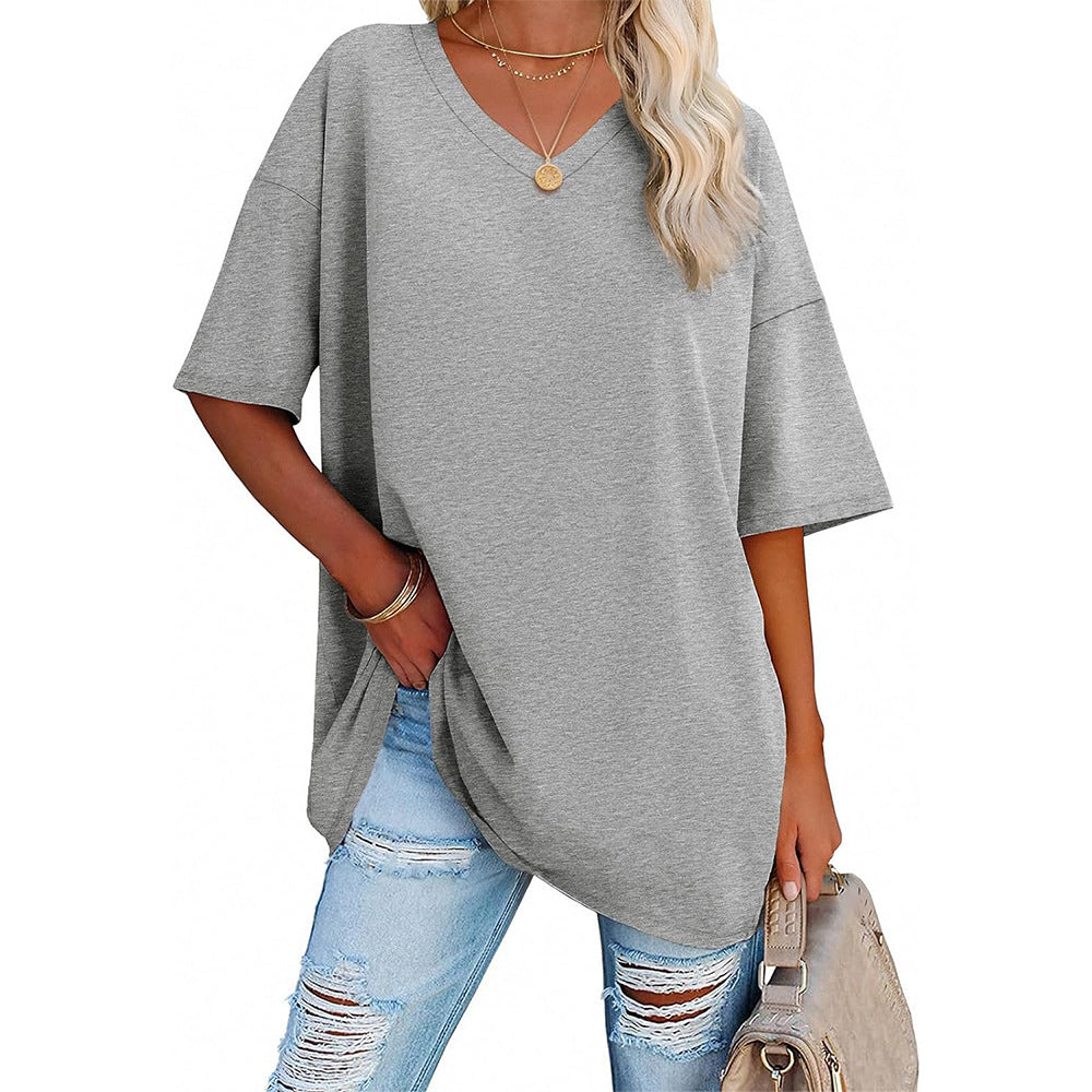 Damen Oversized T-Shirt mit V-Ausschnitt und seitlichen Schlitzen EB