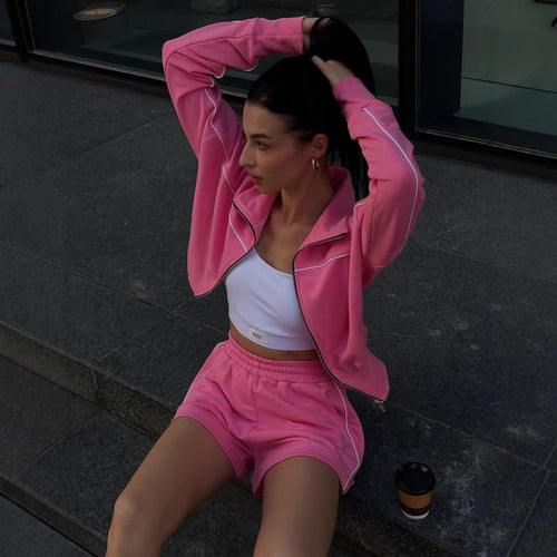Damen nan athletischer Zweiteiler mit formendem Sportbustier, taillierter Highwaist-Sweatshorts und Zip-Hoodie EB