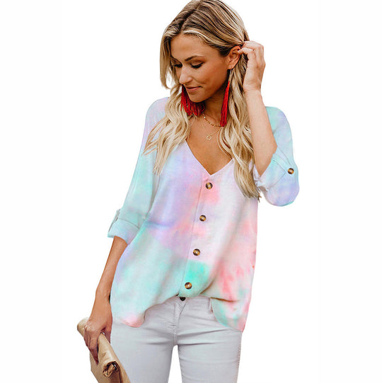 Damen Lässige Bluse mit buntem Farbverlauf und umschlagbaren Ärmel EB