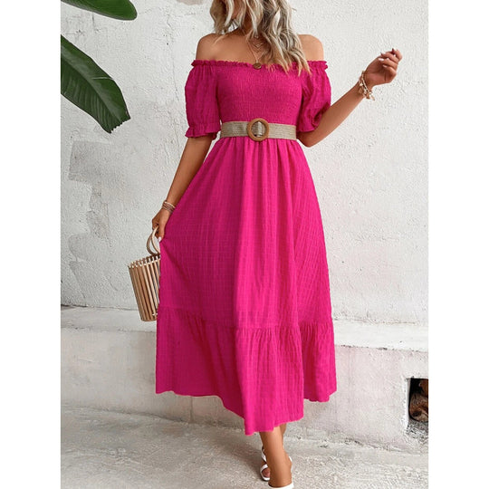 Damen Off-Shoulder Maxikleid mit voluminösen Ärmeln und fließendem Schnitt EB