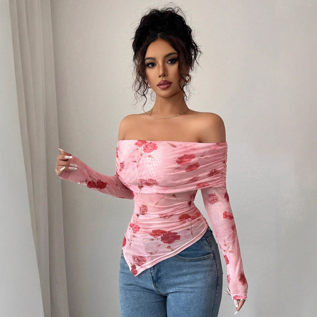 Damen nan schulterfreies gerafftes Langarm-Oberteil aus feinem Mesh mit floralem Print und taillierter Silhouette EB