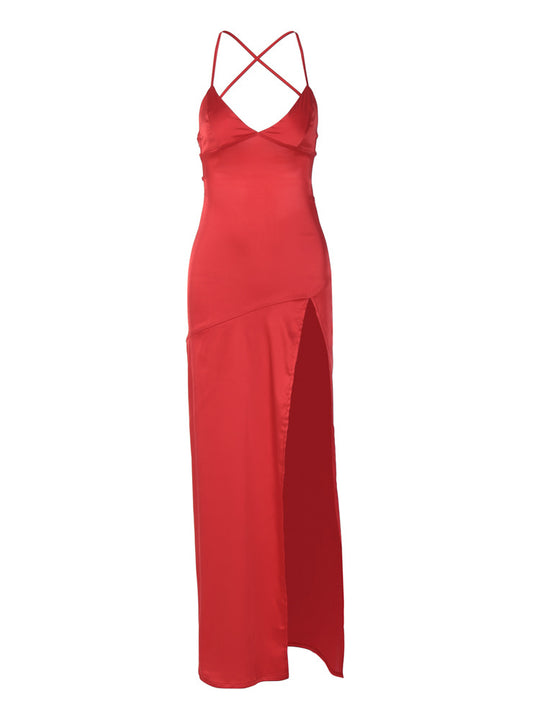 Damen Elegantes und figurbetontes Abendkleid mit seidigem Stoff und hohem Schlitz EB