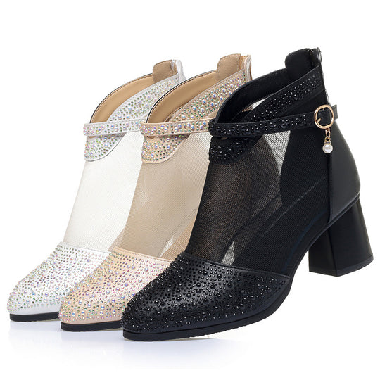 Damen Elegante Stiefeletten mit funkelnden Strassakzenten und feinem Netzdesign EB