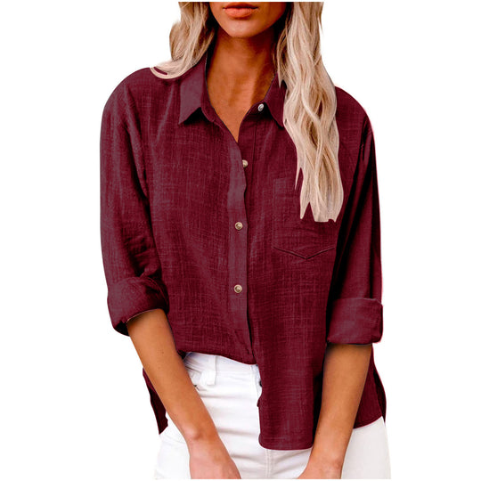 Damen nan oversized Leinen-Baumwollmix Hemdbluse mit Brusttasche und krempelbaren Ärmeln EB
