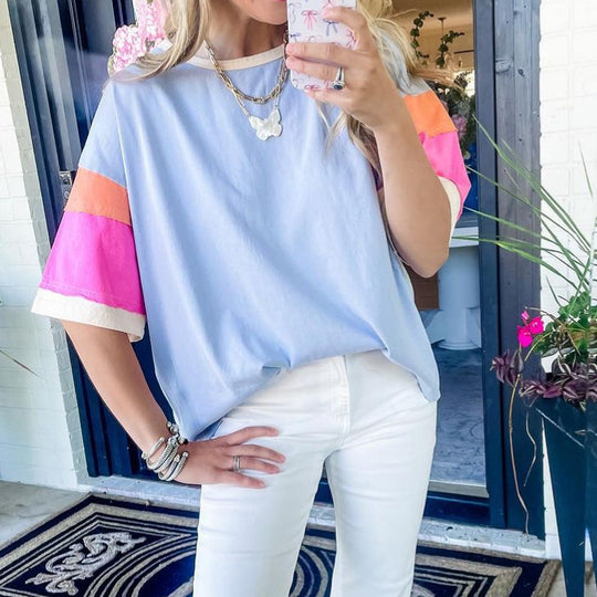 Damen lässiges T-Shirt mit farbenfrohen Ärmeln und weitem Schnitt EB