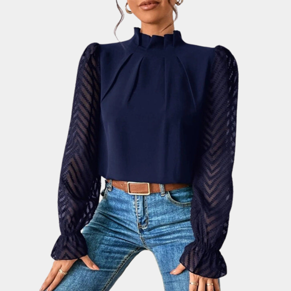 Damen Elegante Chiffonbluse mit Stehkragen, Faltenkante und transparenten Jacquard-Ärmeln EB