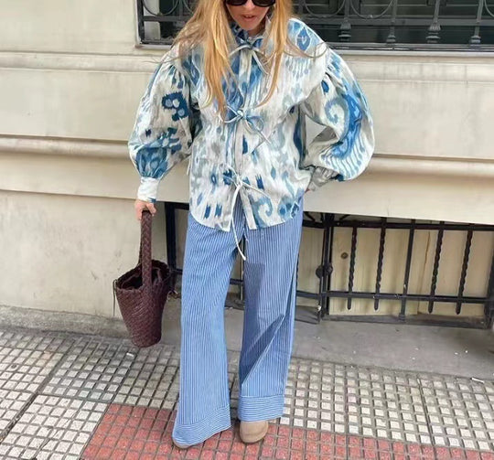 Damen Modische halbärmelige Bluse mit voluminösen Ärmeln EB