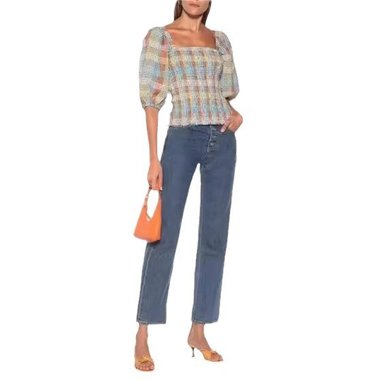 Damen Puffärmel Bluse mit kariertem Design EB