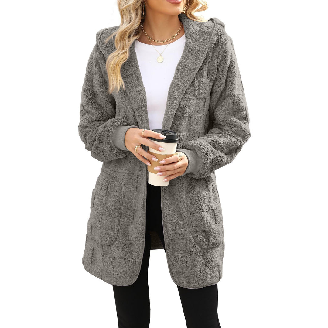 Damen nan kuschelige Kapuzen-Longjacke aus Teddyfleece mit aufgesetzten Taschen und strukturierter Karooptik EB