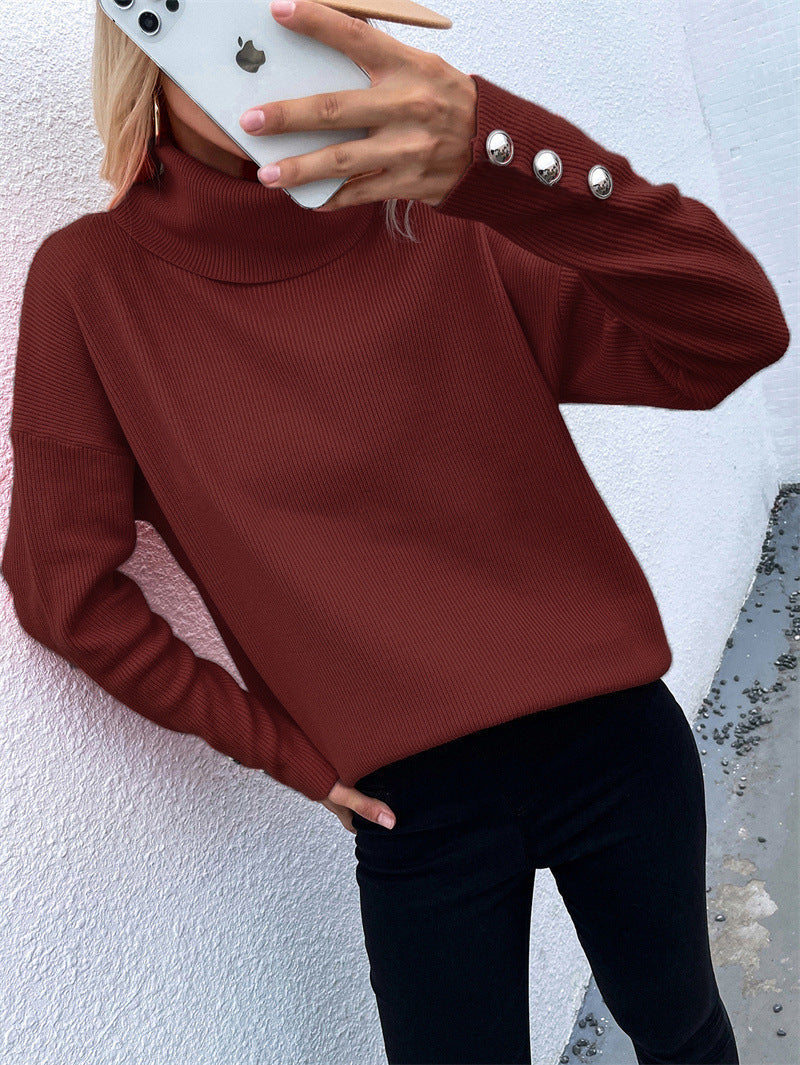 Damen Grobstrickpullover mit Rollkragen und Knopfdetail EB