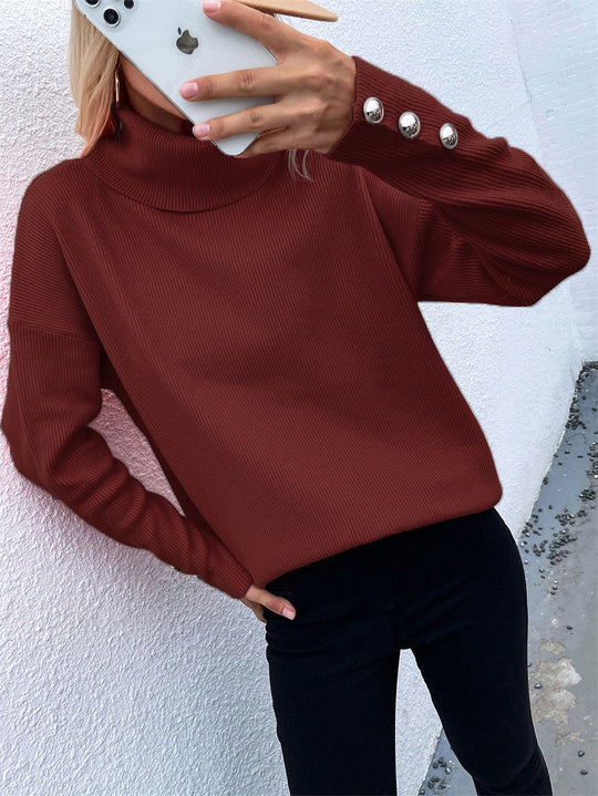 Damen Grobstrickpullover mit Rollkragen und Knopfdetail EB