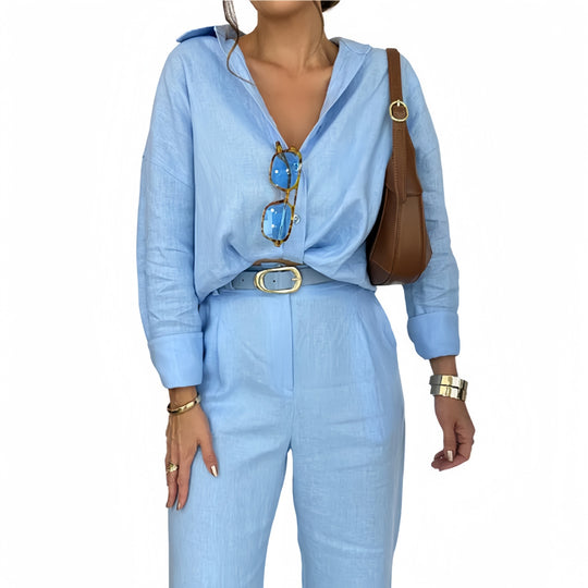 Damen angesagter Leinen-Jumpsuit mit tailliertem Schnitt und langen Ärmeln EB