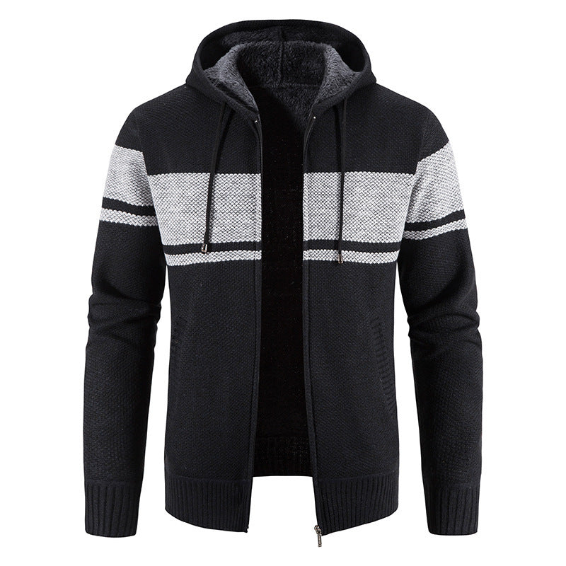 Herren Strickjacke mit Kapuze und kontrastierendem Streifenmuster EB