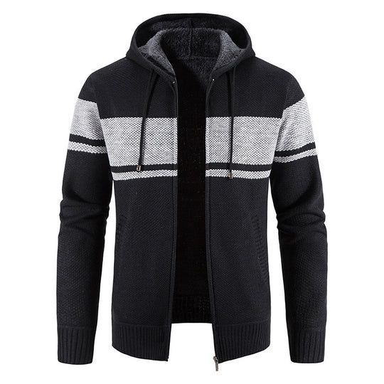 Herren Strickjacke mit Kapuze und kontrastierendem Streifenmuster EB