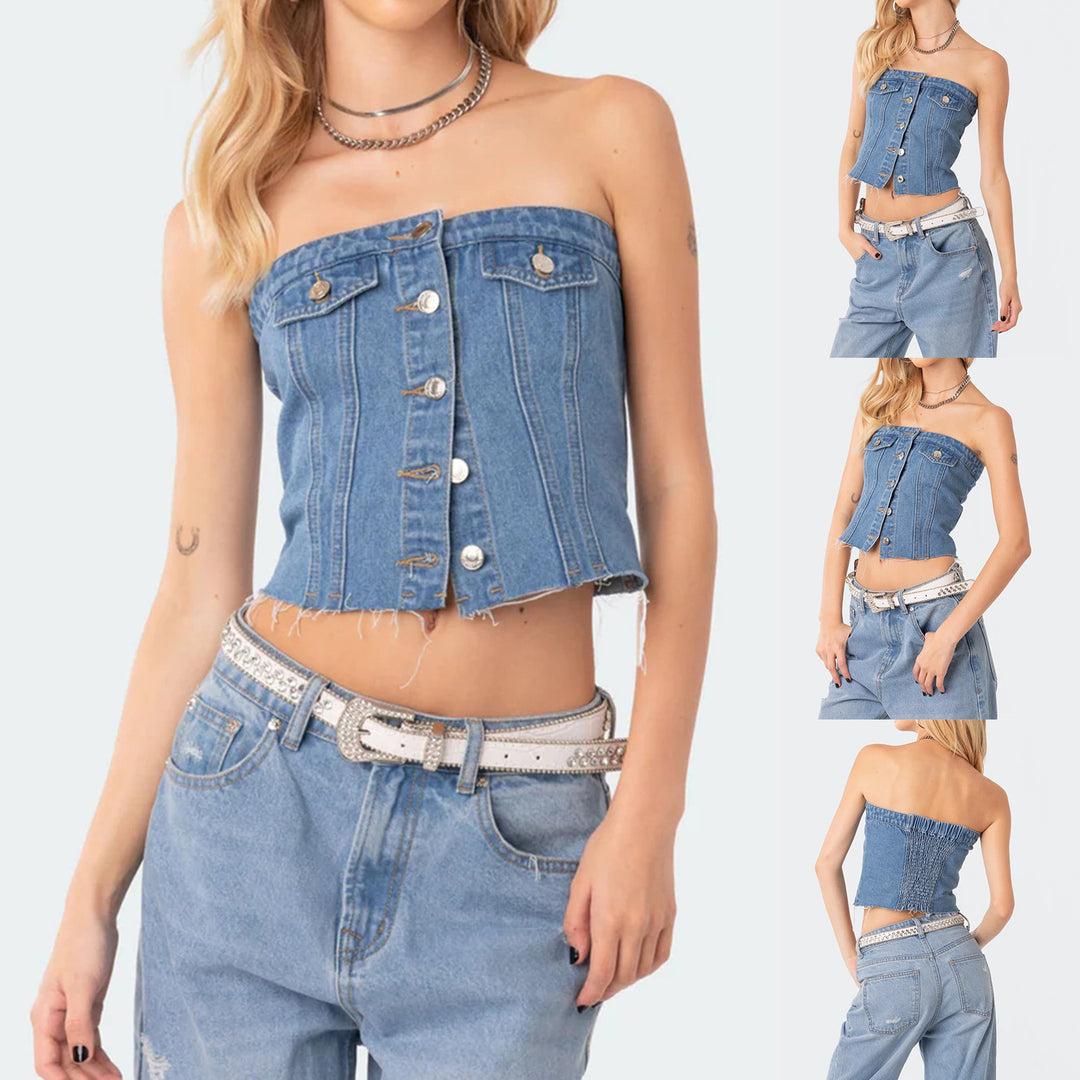 Damen Jeans-Top mit ärmellosem Design und Knopfleiste EB