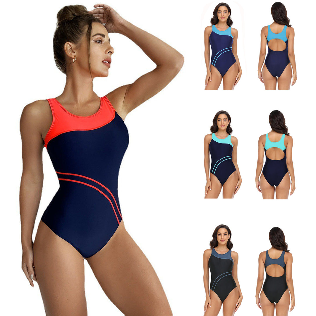 Damen Sportlicher Einteiler Badeanzug mit modischem Farbkontrast EB