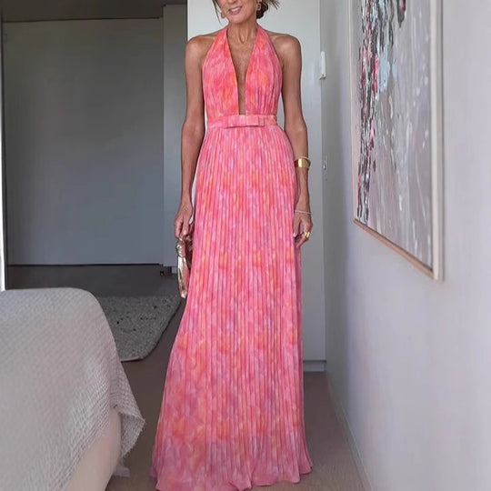 Damen Plissiertes Maxikleid mit tiefem Ausschnitt und elegantem Gürtel EB