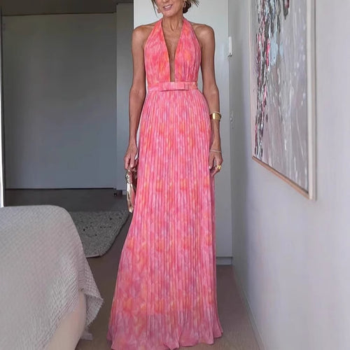 Damen Plissiertes Maxikleid mit tiefem Ausschnitt und elegantem Gürtel EB