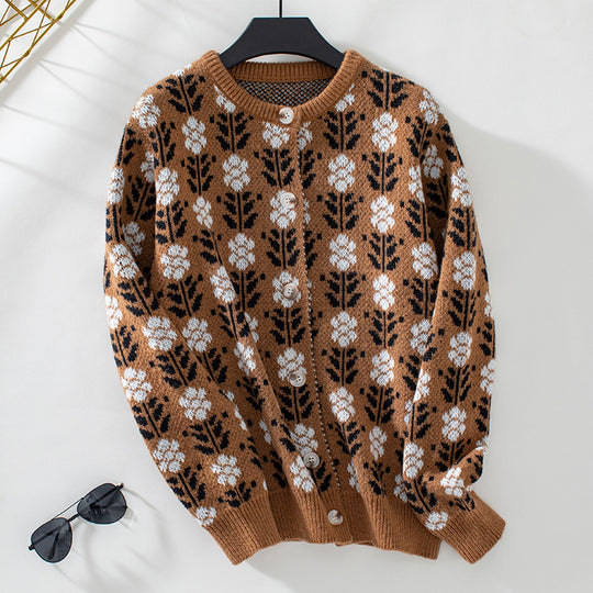 Damen Strickjacke mit floralem Muster und Knöpfen EB