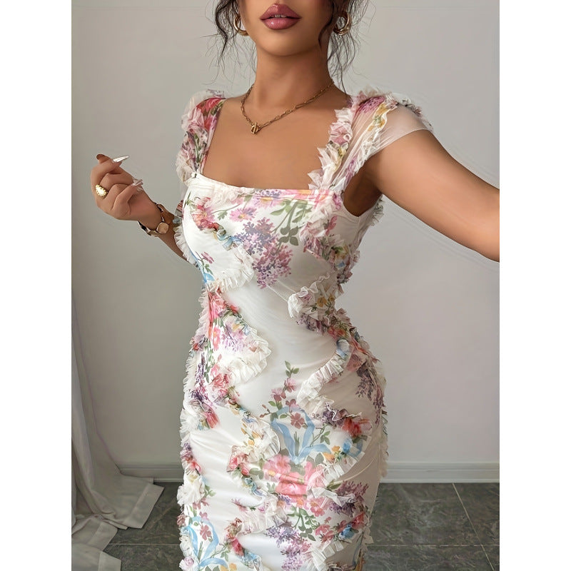 Damen Midikleid mit floralem Muster und zarter Rüschendetails EB