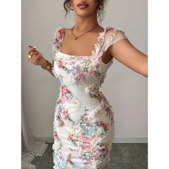 Damen Midikleid mit floralem Muster und zarter Rüschendetails EB