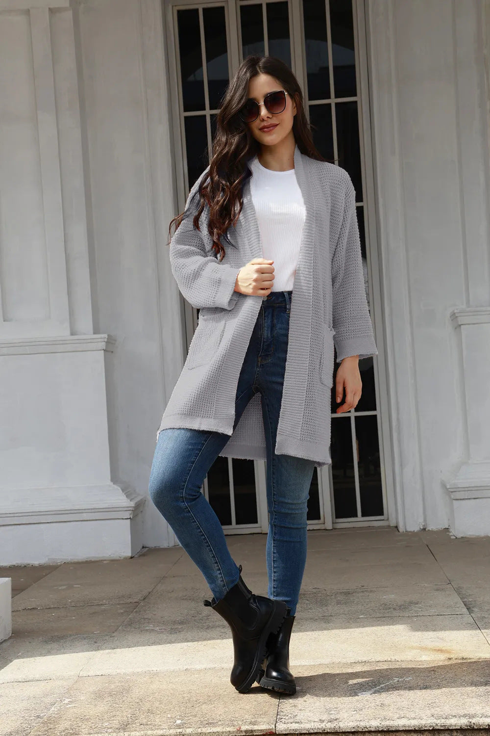 Damen lässiger Strickcardigan mit offenen Taschen und modernem Waffelmuster EB